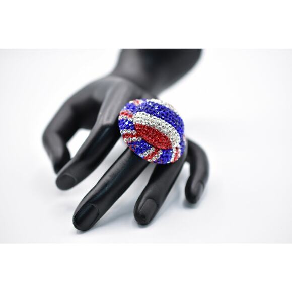 Statement Ring Sparkling Rhinestone Crystal Red White Blue Union Jack Shiny Bin7 - Picture 2 of 12